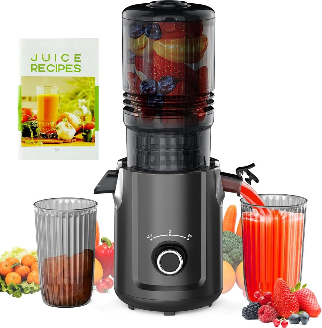 Hobsir Juicer Machines, 5.3-Inch Cold Press Juicers, Masticating Slow Juicer Machines with 300W, Large Feed Chute Juice Machines for Vegetables and Fruits, Easy to Clean Juicers, Black