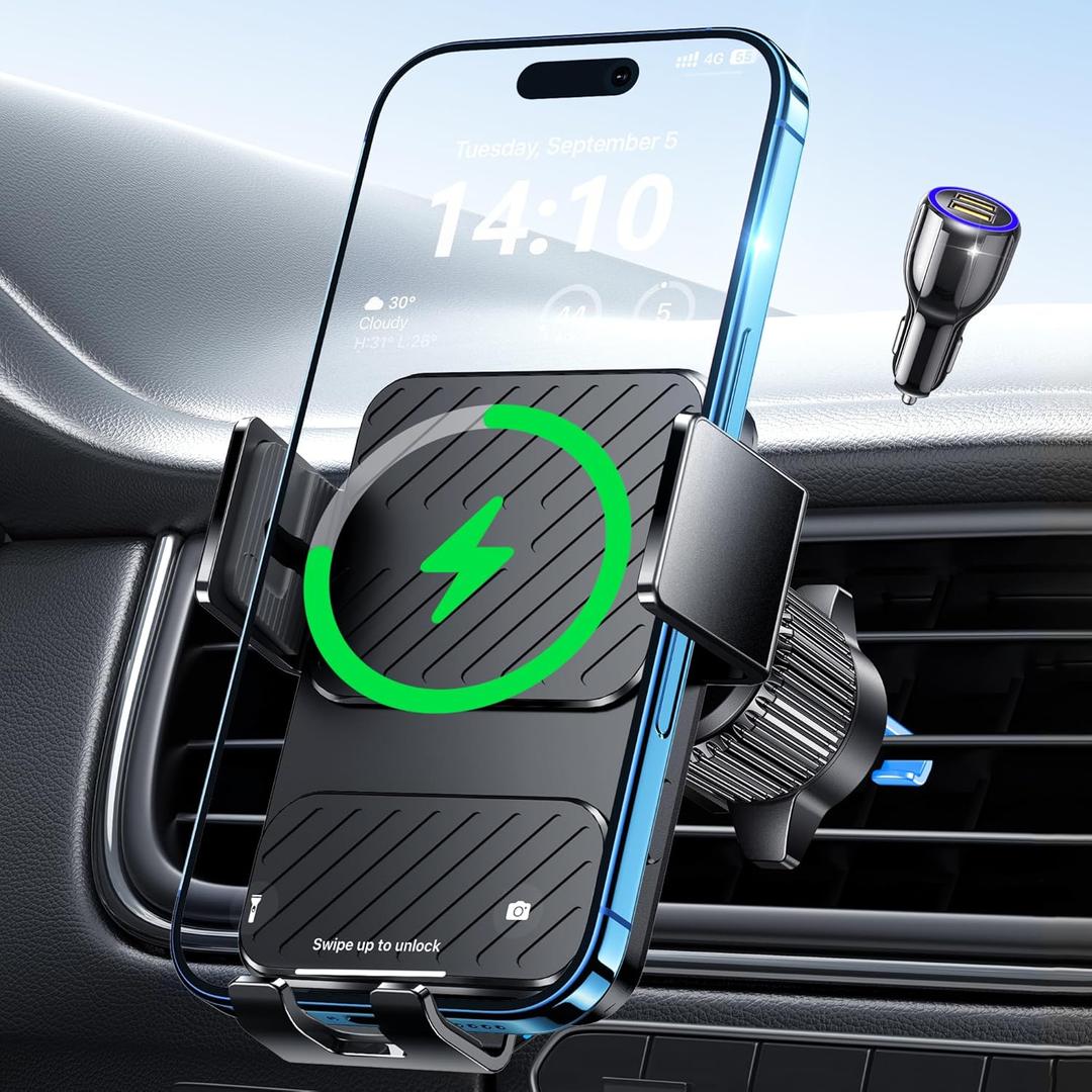 Wireless Car Charger, Phone Holders for Your Car 15W Fast Charging Auto Clamping, Air Vent Car Phone Mount for iPhone 17 16 15 14 13 Mini Pro Max XR, Samsung Galaxy S25 Ultra S24 S23 S22 S21