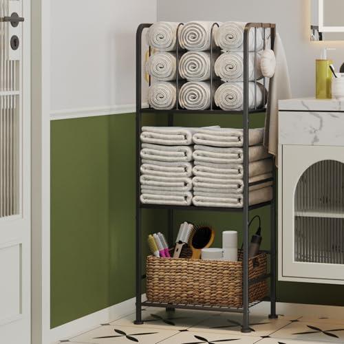 Towel Racks for Bathroom 3-Tier, Durable Metal Towel Rack Stand, Pool Items Holder, M-Shaped Detachable Dividers for Towel Storage, Space-Saving Storage Organizer Black, Patent Pending