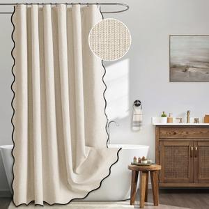 MIULEE 84" Long Scalloped Shower Curtain Linen Textured with 12 Metal Hooks Cute Extra Long Heavy Duty Washable Waterproof Cloth Shower Curtains with Black Border for Bathroom Hotel Bathtub,Beige (Cream)