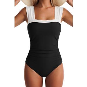 One Piece Swimsuit for Women Tummy Control Bathing Suits Full Coverage Wide Straps Swim Suit Color Block Swimwear (Black, M)