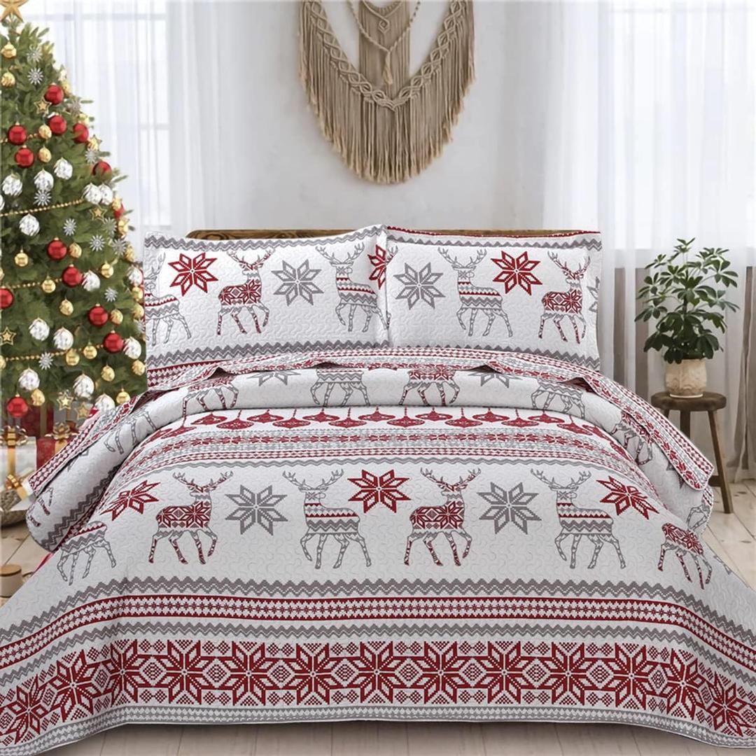 King Christmas Bedding Christmas Deer Bedding Sets Reindeer Quilt Holiday Christmas Bedspread Blanket Coverlet Comforter Set for Winter Snowflakes Lantern Pattern (96"x108") (Red White)