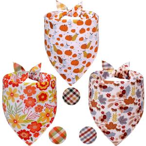 5 x Fall Dog Bandanas Small 3PCS, 6 Pattern Thanksgiving Scarf for Boy and Girl, Pumpkin Leaves Flowers Triangle Reversible Bibs Breed for Puppy Pets