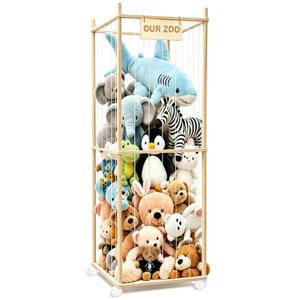 Stuffed Animal Storage, Wood Stuffed Animal Zoo Storage with Brake Wheels, Space Save Toy Organizer, Large Capacity Stuffed Animal Holder, Perfect for Nursery Playroom Kidroom Bedroom-62.6 Inch
