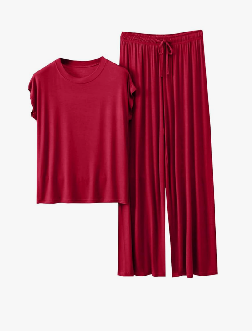 Women's 2 Piece Lounge Sets Ruched Short Sleeve Top & Wide Leg Pants Loungewear Tracksuit Sets Outfit with Pocket, Size Medium