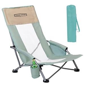 YOUNG WOOD High Beach Chair, Camping Chair, High Back Extra Wide Seat Chair with Comfortable Pillow & Storage Pocketsuitable for Adults, Children and Pets,Load Capacity 350lb,Blue,1p