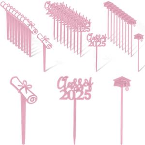 Boao 90 Pieces Class of 2025 Theme Graduation Cake Topper Plastic Cupcake Picks Graduation Cupcake Decorations for Party Supplies and Favors, 3 Styles(Pink)
