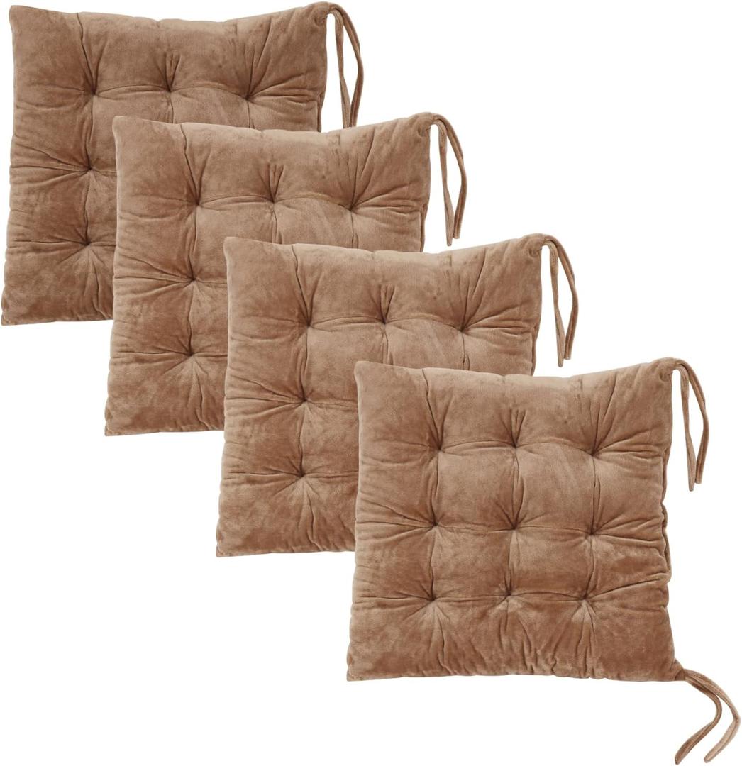 Set of 4 Square Chair Pads Indoor Seat Cushions Pillows with Ties Soft Comfortable Non Slip Chair Mat for Kitchen Dining Office Desk Living Room Outdoor Tatami 15.5" - Khaki