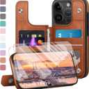 Compatible with iPhone 16 Pro Case Wallet, Card Holder Case with [2 Screen Protectors] Cover with [RFID Blocking Leather] Shockproof Women Men Cases 6.3" for Apple 16 Pro Light Brown