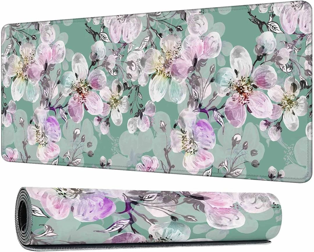 Purple Cherry Mouse Pad Watercolor Blossoms Flower Nature Art XL Gaming Mouse Keyboart Mat for Desk,Computer,Office,Home 35.4"X15.7"
