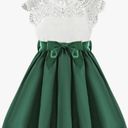 WDIRARA Toddler Girl's Lace Mock Neck Cap Sleeve Dress Belted A Line Flared Dresses Green 5Y