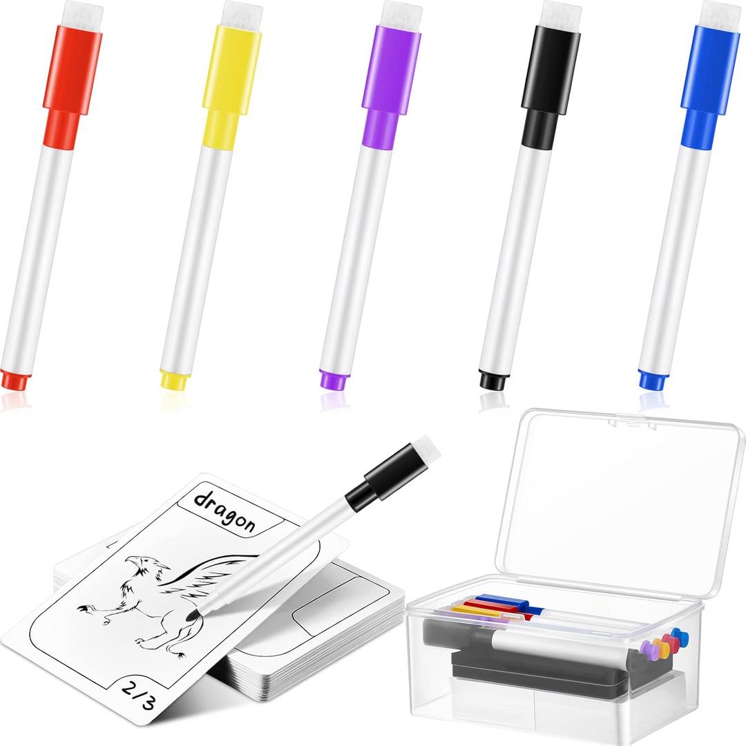 Crtiin 50-Piece Reusable Dry Erase TCG Tokens Set - Reusable Index Cards with 5 Color-Coded Markers, Erasers, and Cleaning Cloths, for Magic The Gathering DIY Blank Card Games Accessories