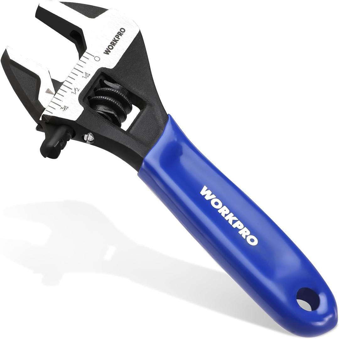 WORKPRO 4-Inch Mini Adjustable Wrench, Cr-V Steel Wide Jaw Black Oxide Wrench for Small Nuts, Metric & SAE Scales, for Home, Workshop and DIY (Blue)