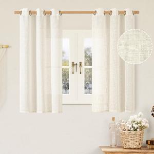 LAMIT 48 Inch Length Short Linen Curtains 2 Panels, Cream Ivory Light Filtering Panels Bronze Grommet Semi Sheer Drapes for Kitchen/Small Windows/Cafe, 34 x 48 Inch (Natural)