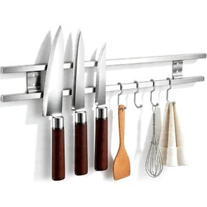 17 Inch Magnetic Knife Holder for Wall with 4 Hooks, No Drilling Knife Magnetic Strip Wall Mounted Dual Rod Strong Magnet Bar for Partry Garage Tool Rack, Knives Holder for RV Kitchen Organization