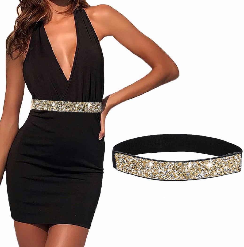 Bounzhi Women Belt Rhinestone Stretch Dresses Belts Elastic Vintage Waist Belt for Women