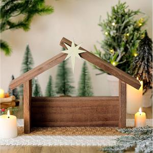 Wesiti Christmas Wooden Nativity Manger Wood Nativity Scene with Roof Star 14.5 x 10.5'' for Inside 7 Inch Scale Holy Family Wooden Stable Creche Home Desk Decor (Without Figurines)