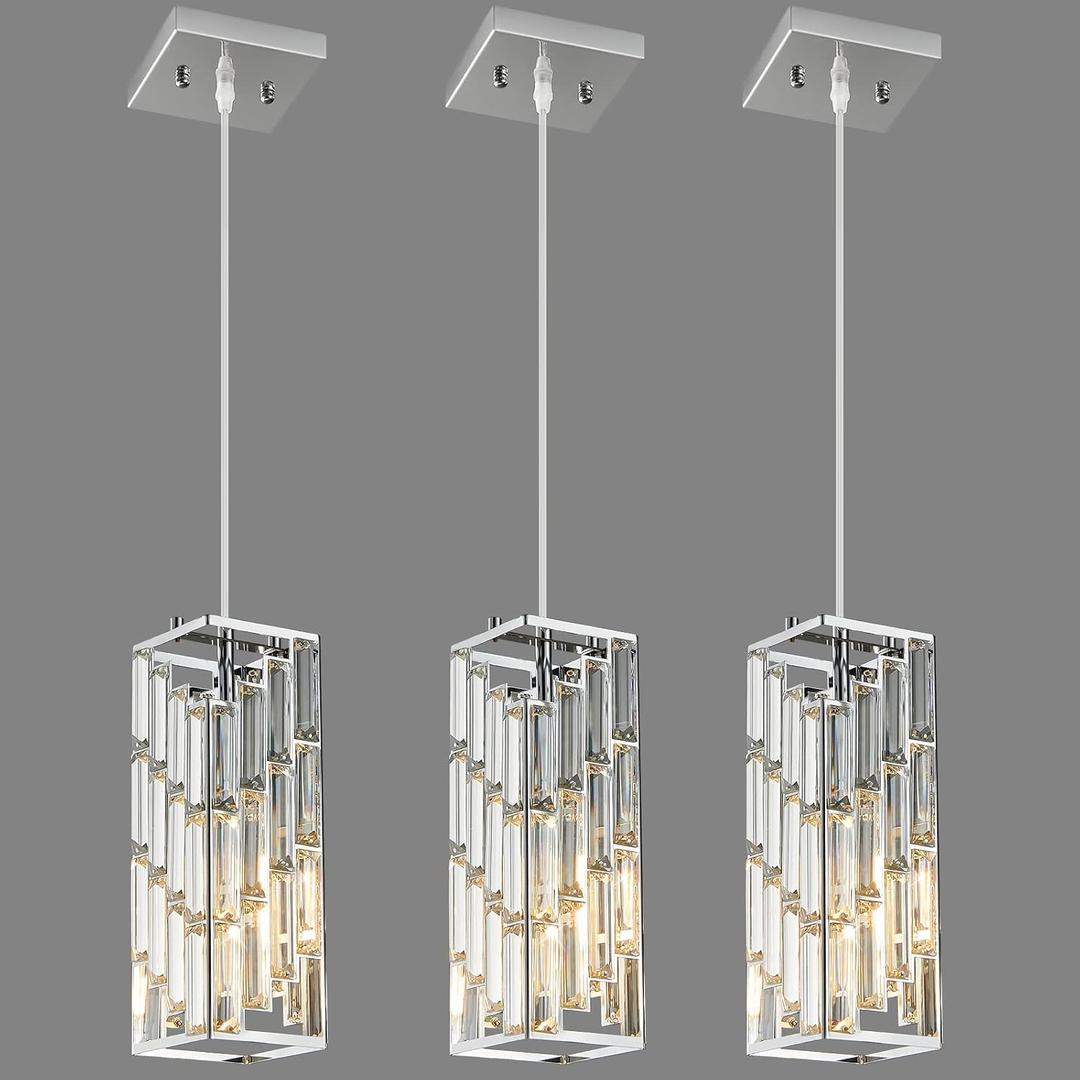 Chrome Pendant Lighting Modern Pendant Light, Mini Crystal Chandeliers, Adjustable Pendant Light Fixture for Kitchen Island Dinning Room Bedroom (3 Pack)
