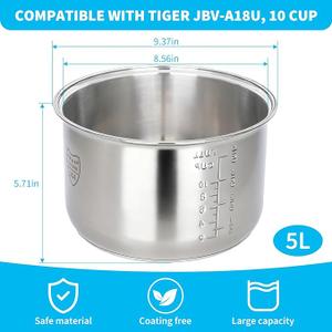 Baderke 304 Stainless Steel Inner Pot Compatible with Zojirushi NS-TSC10 and Tiger JBV-A10U Rice Multi-cooker (5.5 Cups) 3L Inner Bowl Replacement Pot Rice Cooker Stainless Steel
