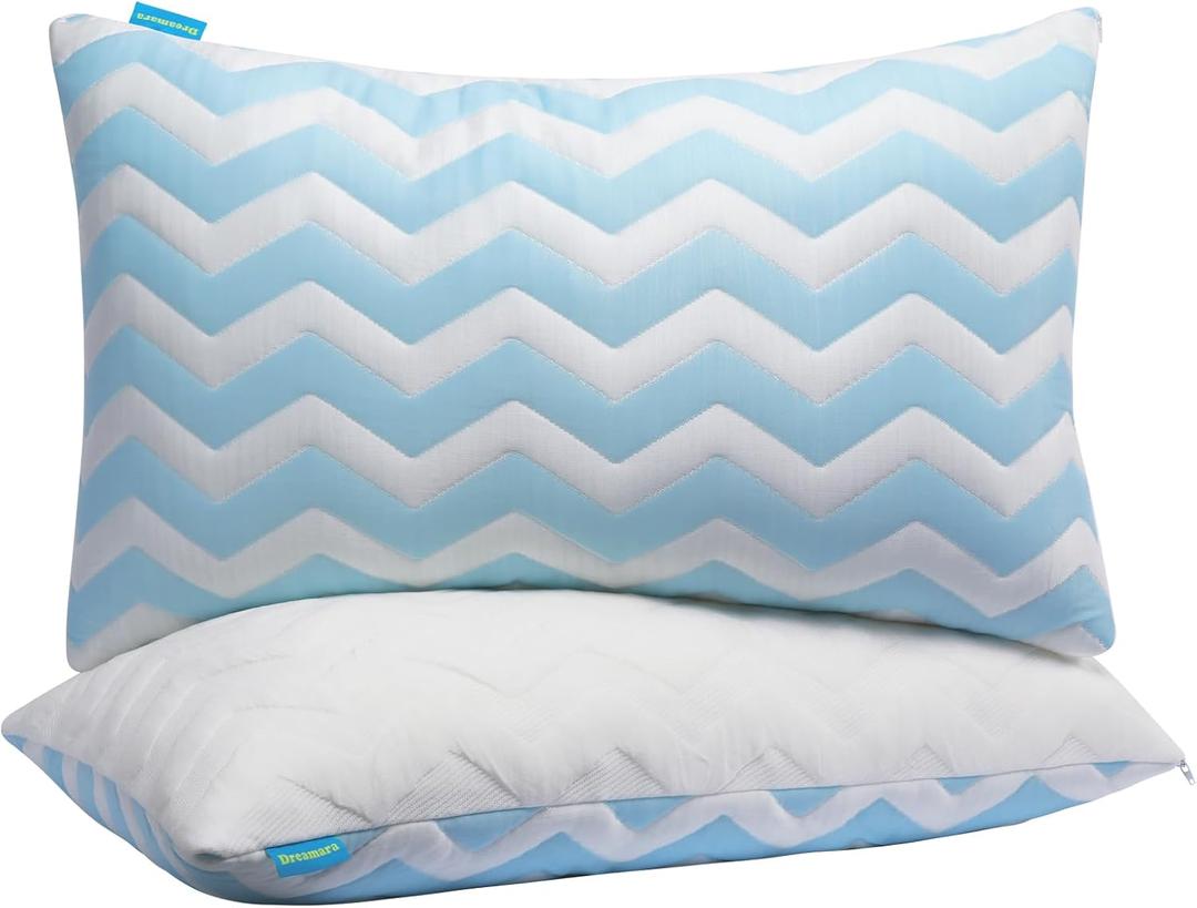 Dreamara Cooling Bed Pillows Queen Size Set of 2 Adjustable Loft Shredded Memory Foam Pillows for Side, Back & Stomach Sleepers, Supportive & Breathable for Hot Sleepers (Blue)