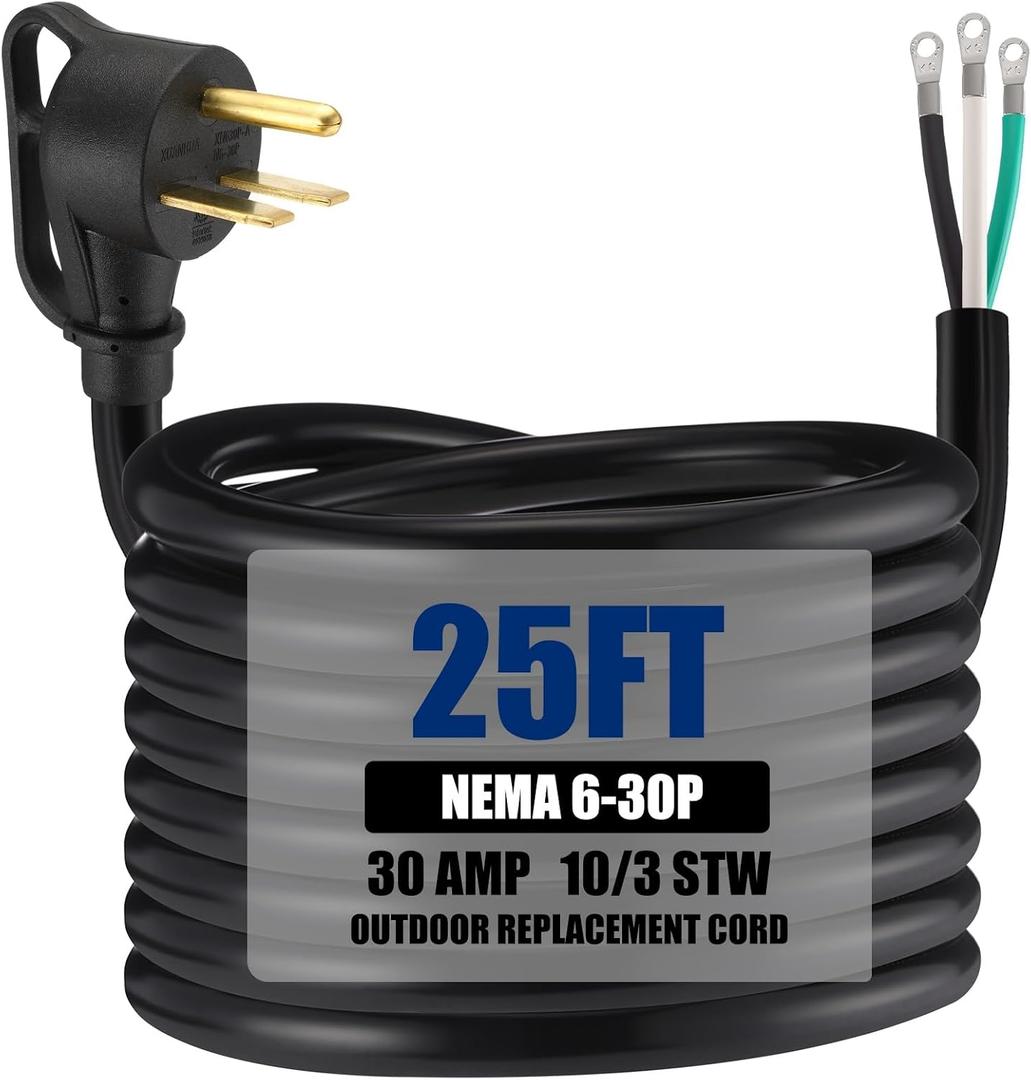 Kanayu 25 FT 10AWG 3 Prong Replacement Power Cord Compatible with NEMA 6-30p 30 Amp 250v Welder Extension Cable with Open End for Welder Dryer Garage Heater Generator Ev Chargers, Etl Listed