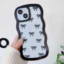 QLTYPRI Bow Case for iPhone 15, Clear Cute Ribbon Bow Phone Case Curly Wavy Aesthetic Phone Case, Slim Soft Transparent Shockproof Protective Cover for Women Girls - Black
