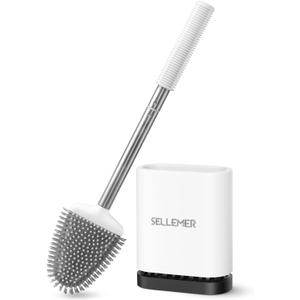 Sellemer Toilet Brush and Holder Set for Bathroom, Flexible Toilet Bowl Brush Head with Silicone Bristles, Compact Size for Storage and Organization, Ventilation Slots Base (1 Pack, White)