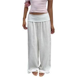 SOLY HUX Women's Wide Leg Pants Elastic Low Rise Baggy Casual Beach Long Trousers, Medium 