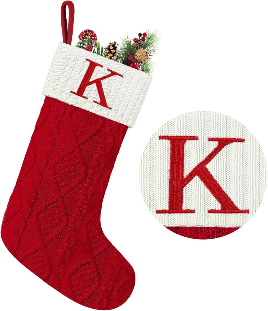Senneny Christmas Stockings with Initials, 20 Large Embroidered Monogram Knitted Stockings for Family, Kids, Xmas Holiday Party Gifts & Decoration for Fireplace, Letter K