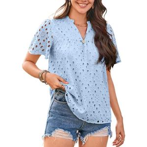 Womens Summer Tops V-Neck Short Sleeve Shirts Dressy Casual Babydoll Blouses Embroidered Eyelet Flowy Boho Clothing (XL)