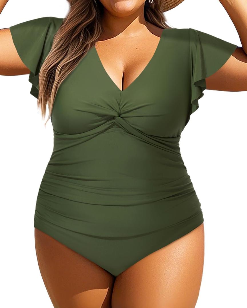 Aqua Eve Plus Size One Piece Swimsuit with Sleeve Tummy Control Bathing Suit Ruffle Vintage Swimwear (Army Green), Size: 16W Aqua Eve Plus Size One Piece Swimsuit with Sleeve Tummy Control Bathing Suit Ruffle Vintage Swimwear (Army Green), Size: 16W