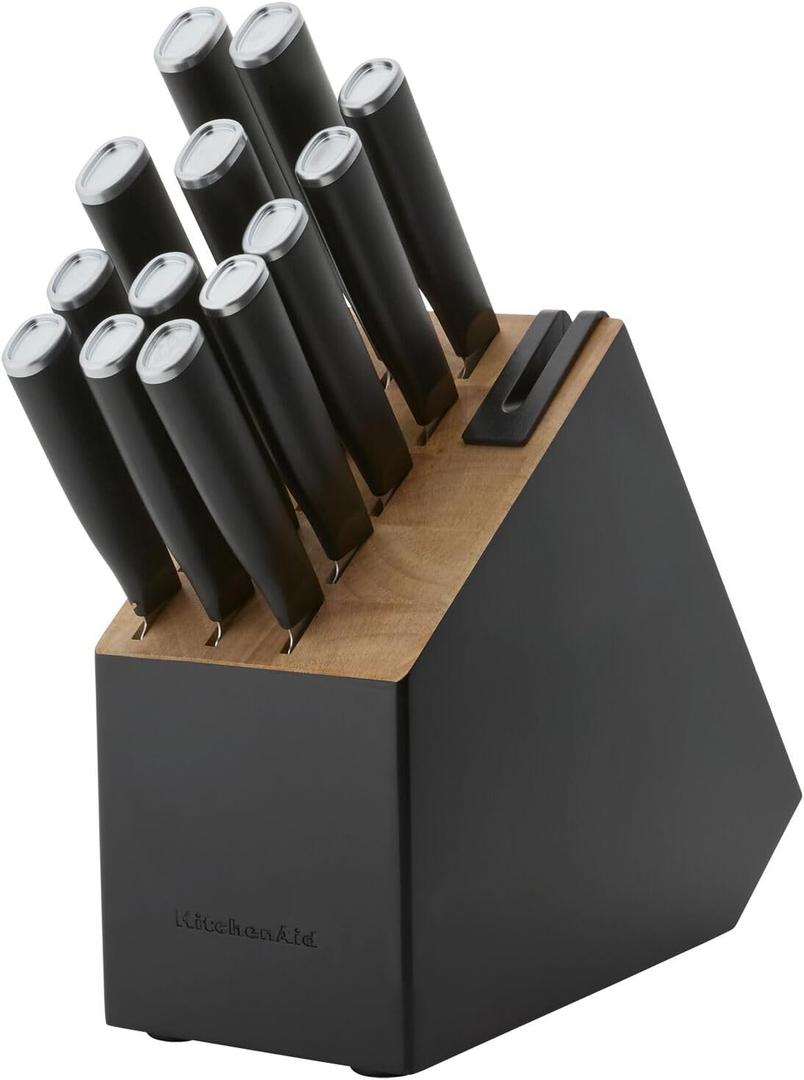 KitchenAid Classic Slim Knife Block Set with Built-In Knife Sharpener, High Carbon Stainless Steel Kitchen Knives, Sharp Kitchen Knife Set with Block, Black, 14 Piece (8")