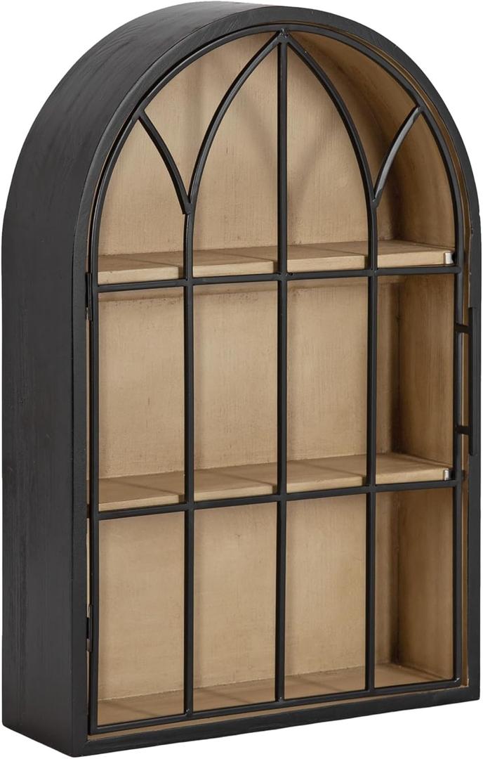 Kate and Laurel Megara Decorative Wooden Hanging Arched Wall Cabinet with Door for Open Storage; 16 x 6 x 24; Black and Natural Wood; Wooden Floating Wall Bathroom Cabinet for Above Toilet Storage