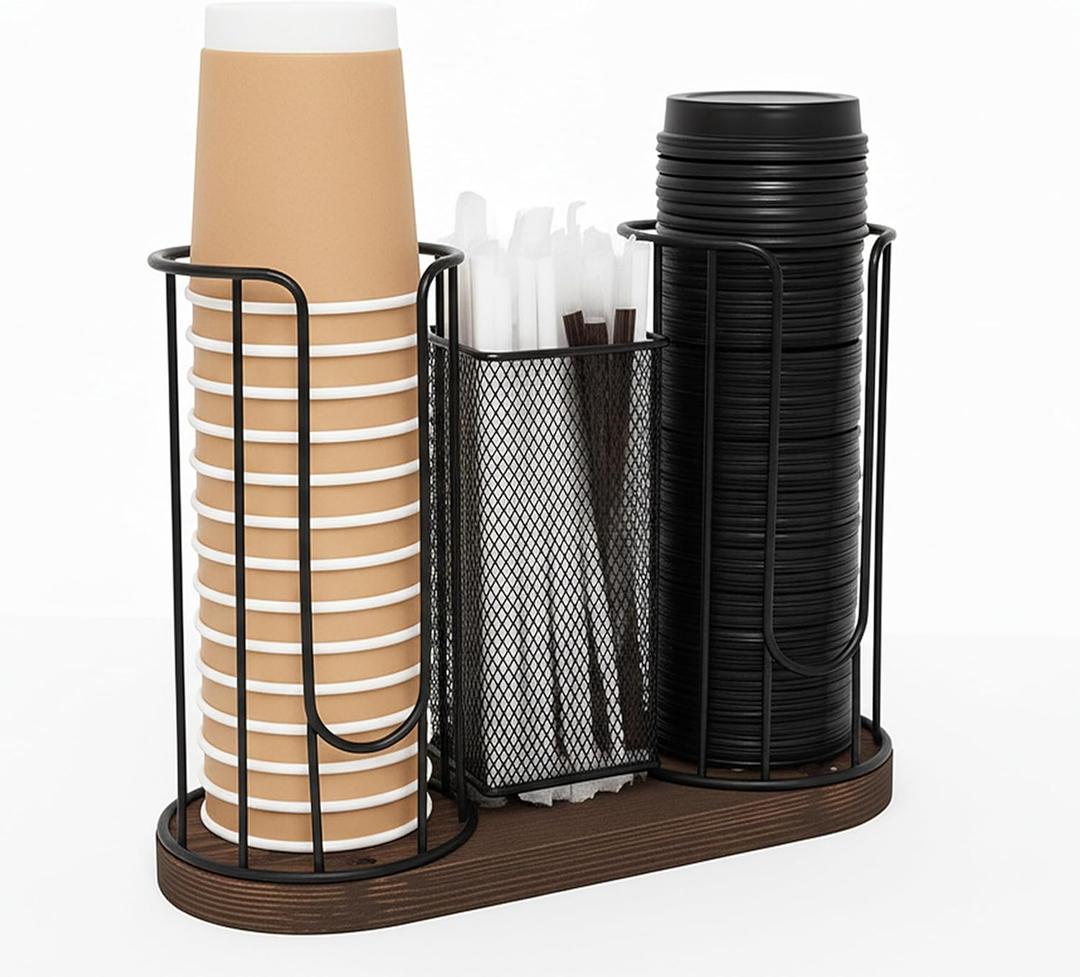 3-Compartment Coffee Cup & Lid Holder  Countertop Coffee Station Organizer with Wooden Base  Durable Dispenser for Disposable Cups, Lids & Straws  Fits Coffee Cups Up to 16oz