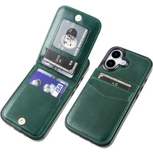 KIHUWEY Compatible with iPhone 17 Case Wallet with Credit Card Holder, Flip Premium Leather Magnetic Clasp Kickstand Heavy Duty Protective Cover for iPhone 17 6.3 Inch (Dark Green)