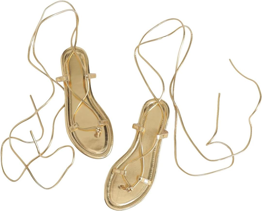 GORGLITTER Women's Lace Up Flat Sandals Dressy Strappy Gladiator Sandals Pointed Toe Thong Sandals (12)