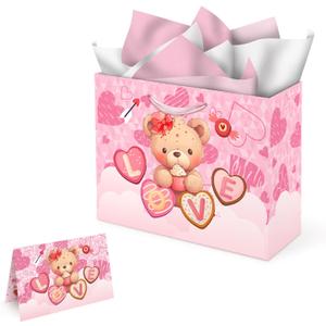 ORNACELE 1 Pack Valentines Gift Bags, 13 x 10.2 x 4.9 in, with Cards and Tissue Paper, Happy Valentines Day Paper Bags for Party