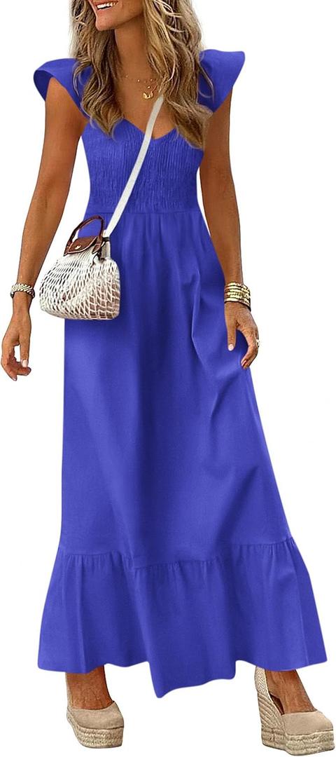 PRETTYGARDEN Women's 2026 Summer Casual Maxi Dresses Cap Sleeve V Neck Smocked Long Pockets Party Sundress Vacation Outfits (Blue, L)
