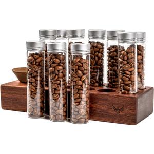 Single Dose Coffee Bean Storage Tubes Coffee Bean Cellar 10 Pcs Dosing Glass Vials With Lids (2 Oz) Wooden Display Stand And Funnel