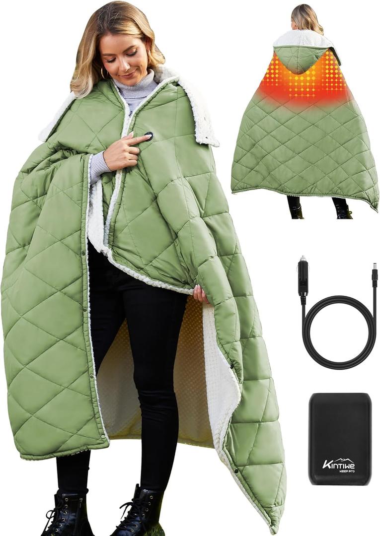Heated Blanket Battery Powered, 12V Portable Electric Heated Shawl Throw with Detachable Hood-Scarf,Heating Outdoor Camping Blanket Hoodie for Traveling,Picnics,Car,51.2''X70.8'' (Green)