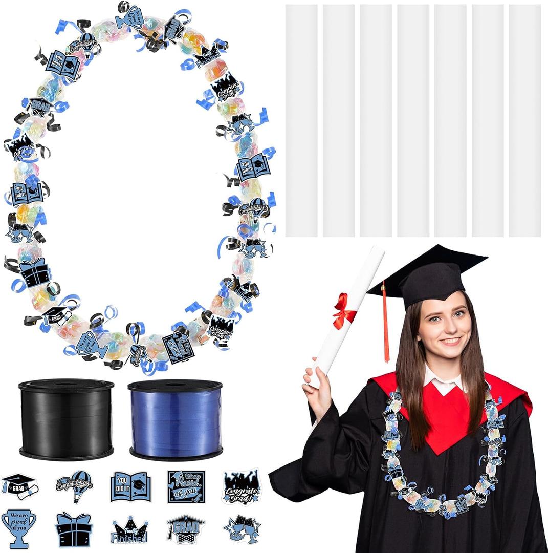 Teling 60 Set Graduation Candy Lei Making Kit Includes 60 Pcs Hawaiian Candy Lei Tubing 2 Rolls Ribbons 600 Pcs Paper Cut for Graduation Party Gift(Black, Blue)