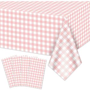 Pink Gingham Tablecloths, Pink and White Checkered Tablecloths Rectangular Waterproof Picnic Table Covers for Birthday Party Holiday Outdoor Supplies (4, Pink, 86 x 51)