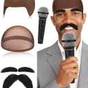 5 Pieces Halloween Speaker Costume Include Brown Bald Cap Extended Microphone Mustache Eyebrows for Men, Women, Adults (Black)