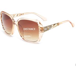 JM Bifocal Reading Sunglasses for Women Fashion Oversized Square Sun Readers Outdoor Reading Glasses UV400 Protection Brown +3.5