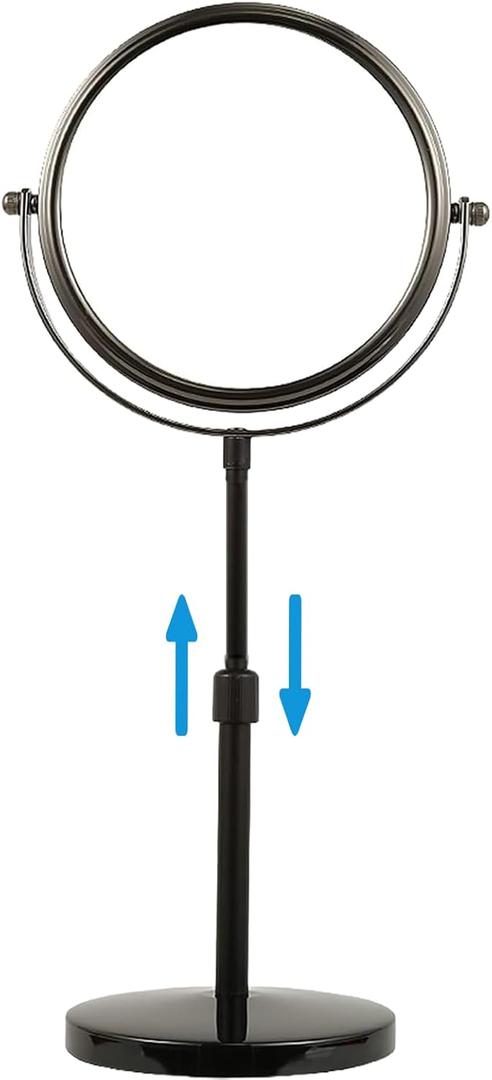 Height Adjustable Makeup Mirror 8 Inch Double-Sided 7X Magnification, Black Magnifying Makeup Mirror Round Tabletop Mirror Tall, Countertop Standing Cosmetics Black Finish