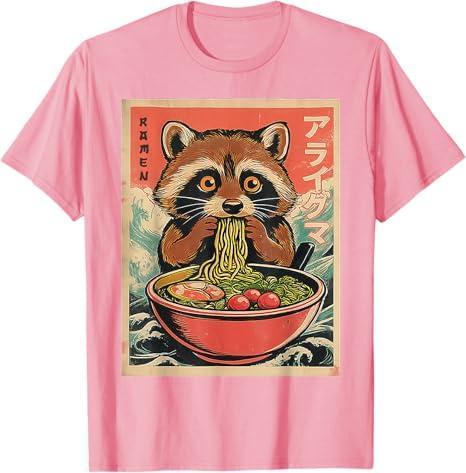 Japanese Kawaii Raccoon Eating Ramen Anime Gifts Funny Boys T-Shirt, Pink, Medium