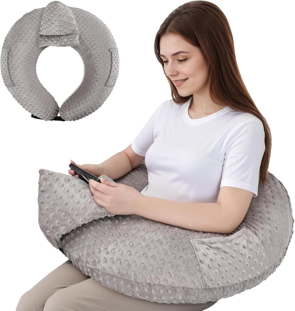 COOLBEBE Reading Pillow for Gaming, Arm Rest Support Pillow, U-Shaped Lap Pillow for Bed & Sofa, Compact Gaming Pillow with Tablet Support for Reading, Crocheting (Grey)