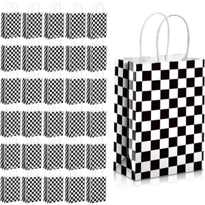 32 Pcs Checkered Racing Treat Bags Race Car Party Favors with Handles Black and White Checkered Flag Candy Goodie Gift Bags for Themed Birthday Party Supplies