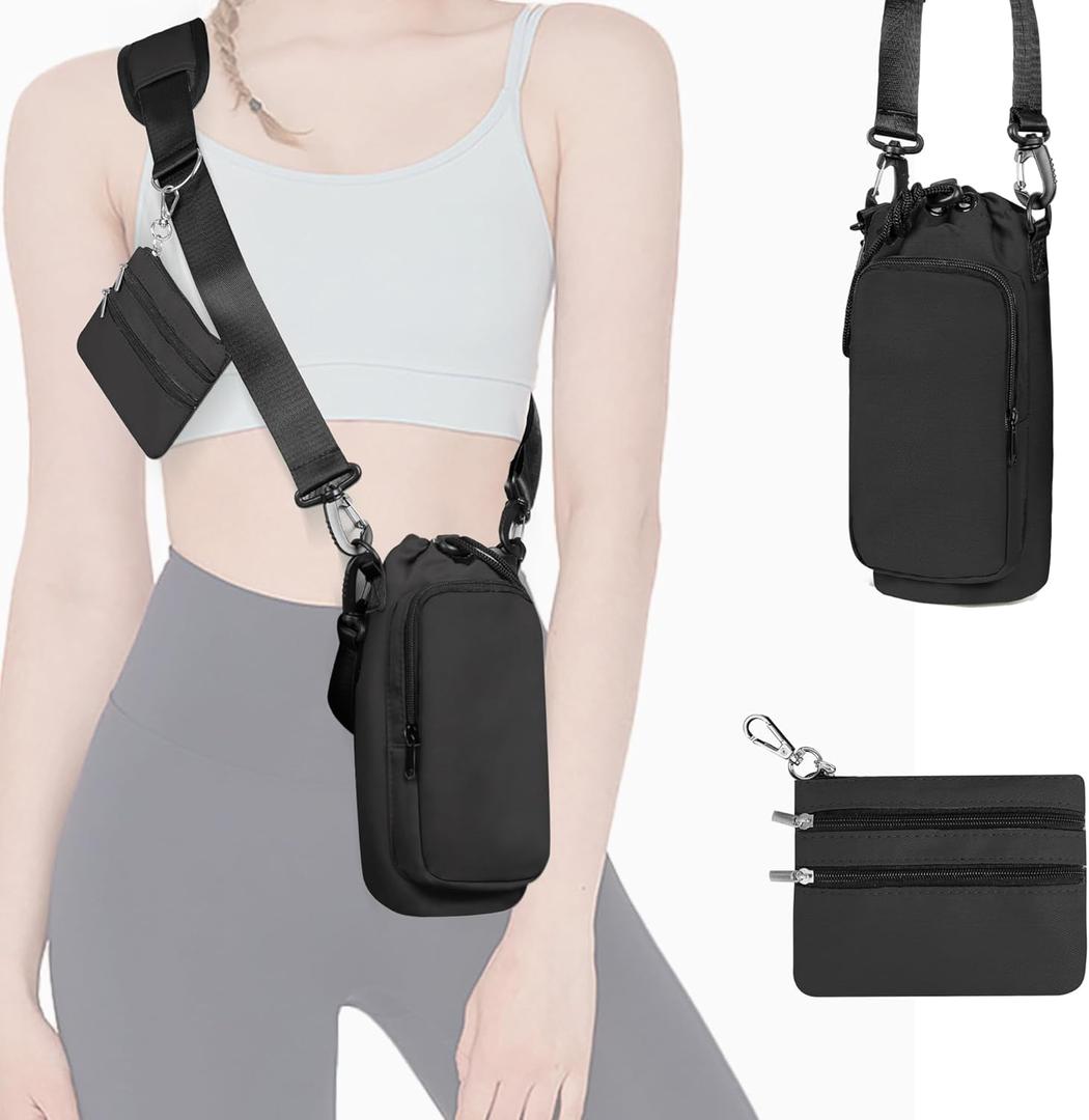 25/32/40 oz Water Bottle Holder with Strap, Water Bottle Bag Crossbody Insulation Water Bottle Holder with Small Purse, Adjustable Shoulder Strap (Black)