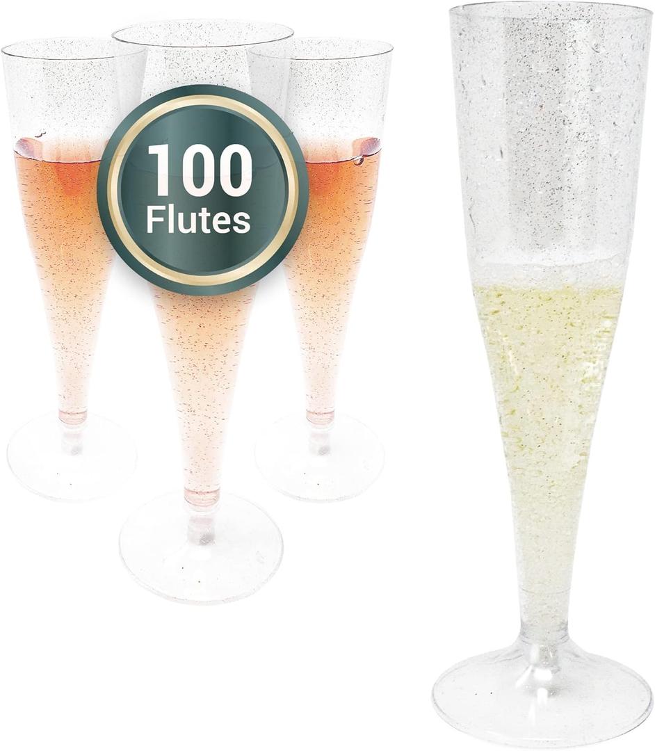 Reli. Champagne Flutes Plastic | 100 Pack | 4.5 oz - Silver Glitter | Premium Plastic Champagne Flutes | Party-Perfect for Celebrations